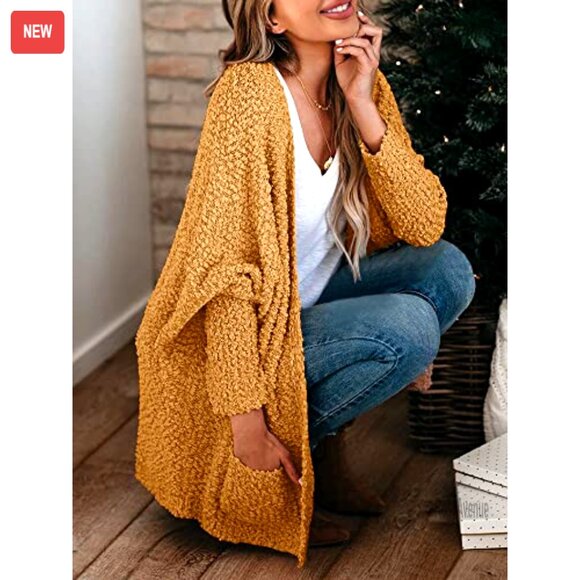 Oversized Chunky Popcorn Cardigan Batwing Sleeve Open Front Cozy Knit Sweater - Picture 3 of 7